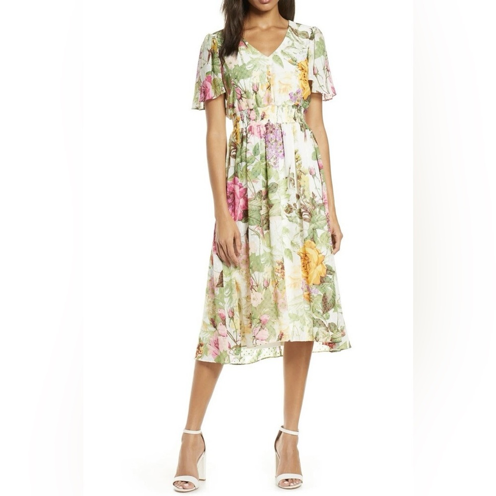 Maison Tara Floral Clip Dot Chiffon Midi Dress - Picture 1 of 6